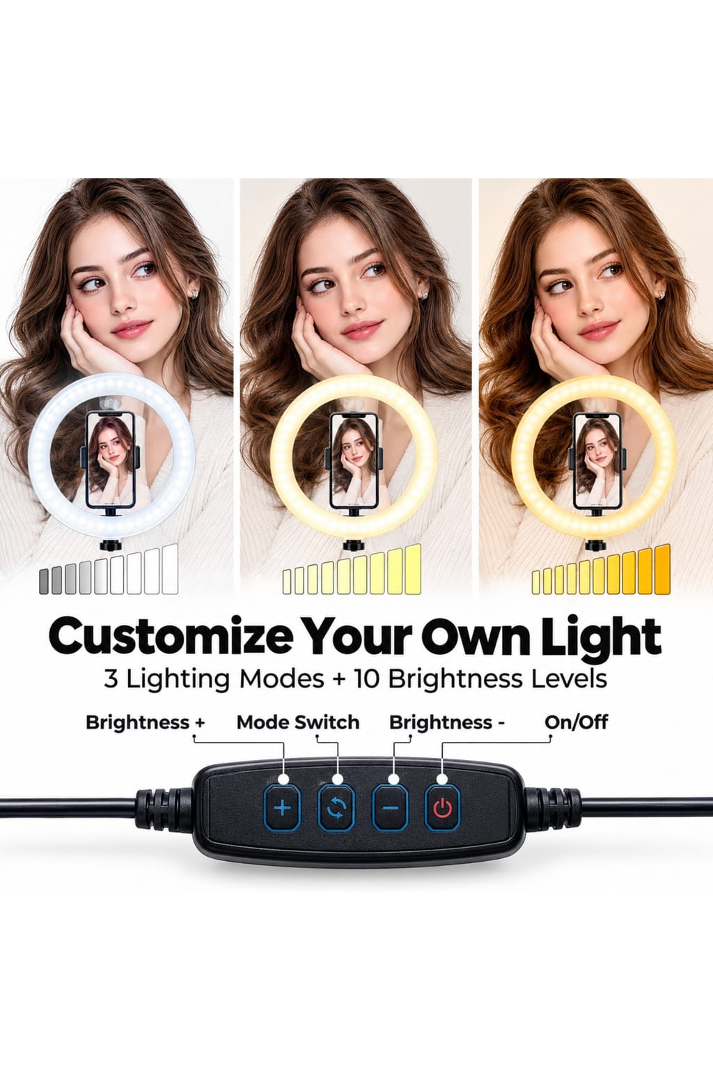 2 Ring Lights Bundle Tripod Stand Holder | 3 Modes + Brightness Levels