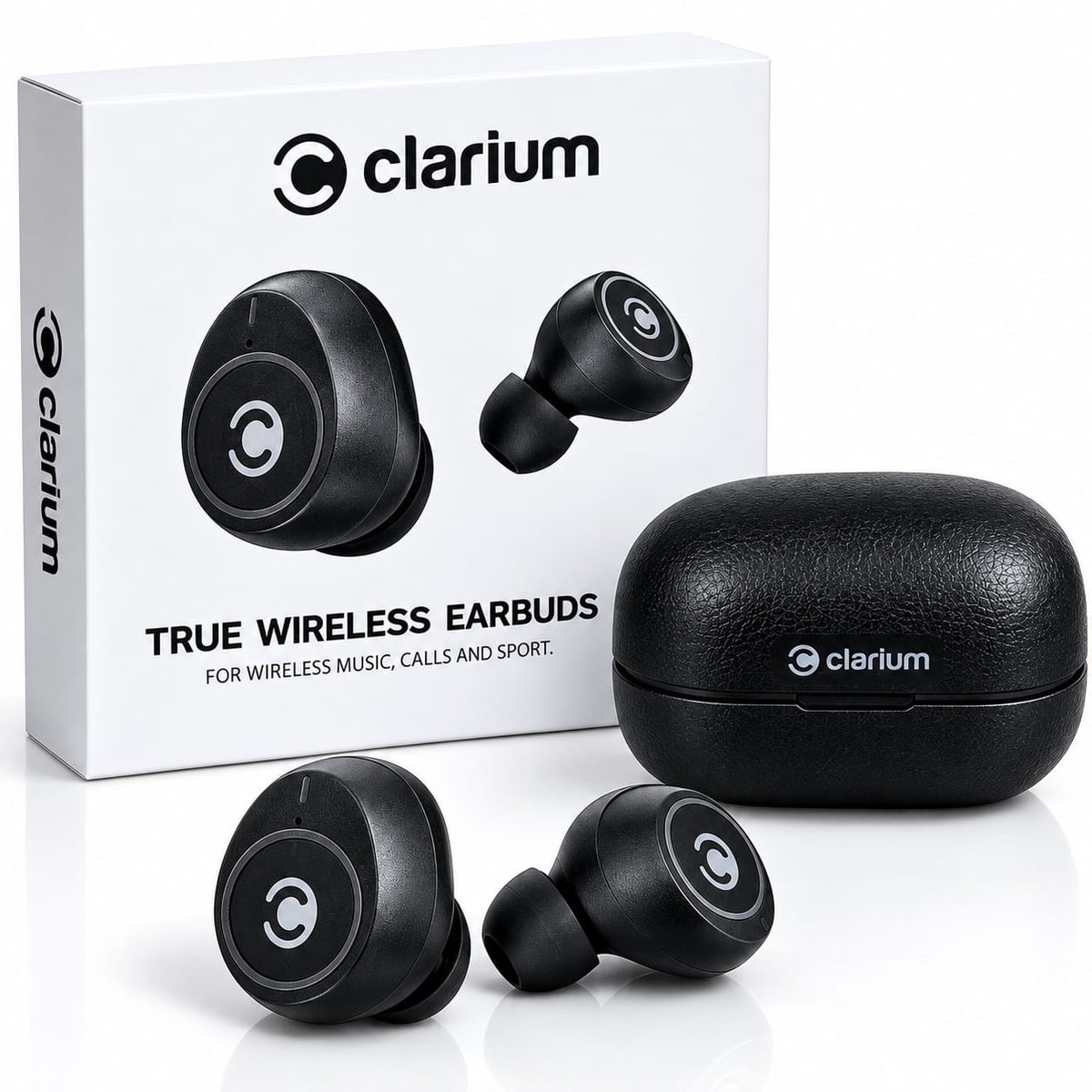 Clarium True Wireless Earbuds Black Music Calls Sport With Case