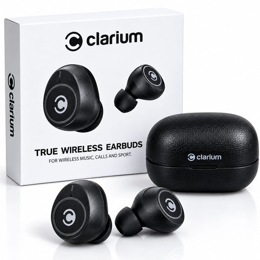 Clarium True Wireless Earbuds Black Music Calls Sport With Case